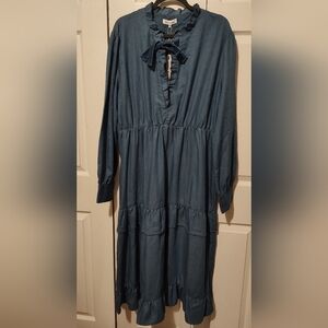 Reveuse Denim Dress NWT Velvet Neck Bow